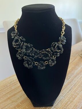 Black Floral Statement Necklace - Gold Chain